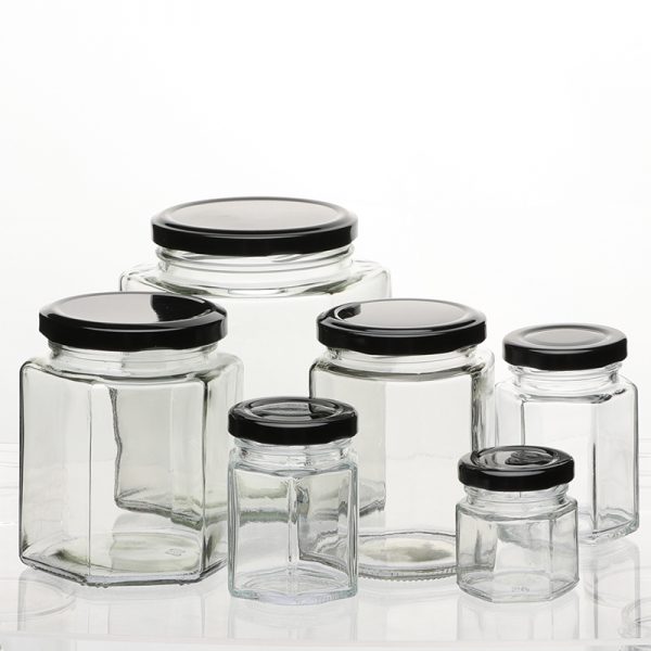 Hexagon Glass Storage Jar with Metal Screw Lid-LZXZHF1007 - Image 1